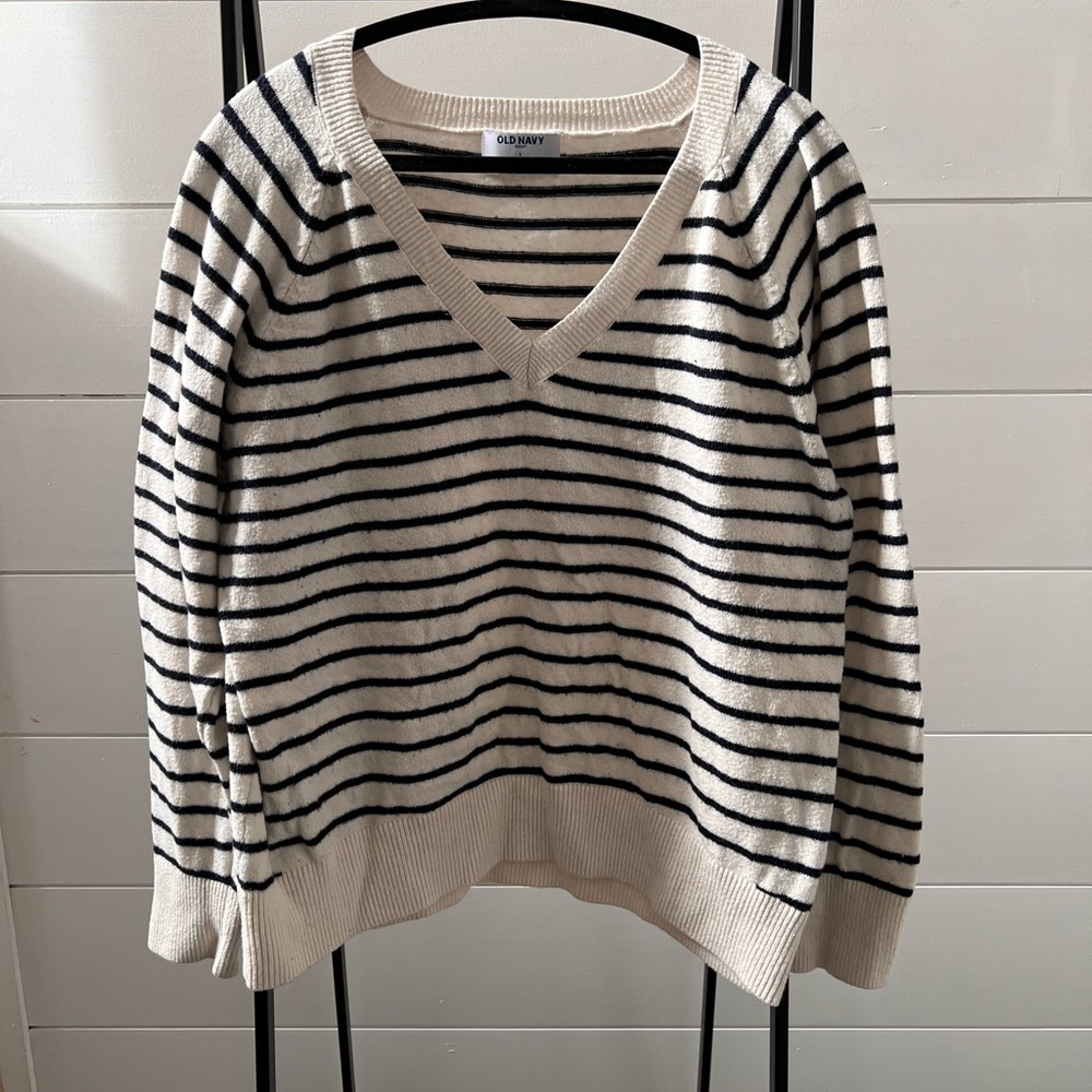 Old Navy Cream and Black Striped V-Neck Sweater